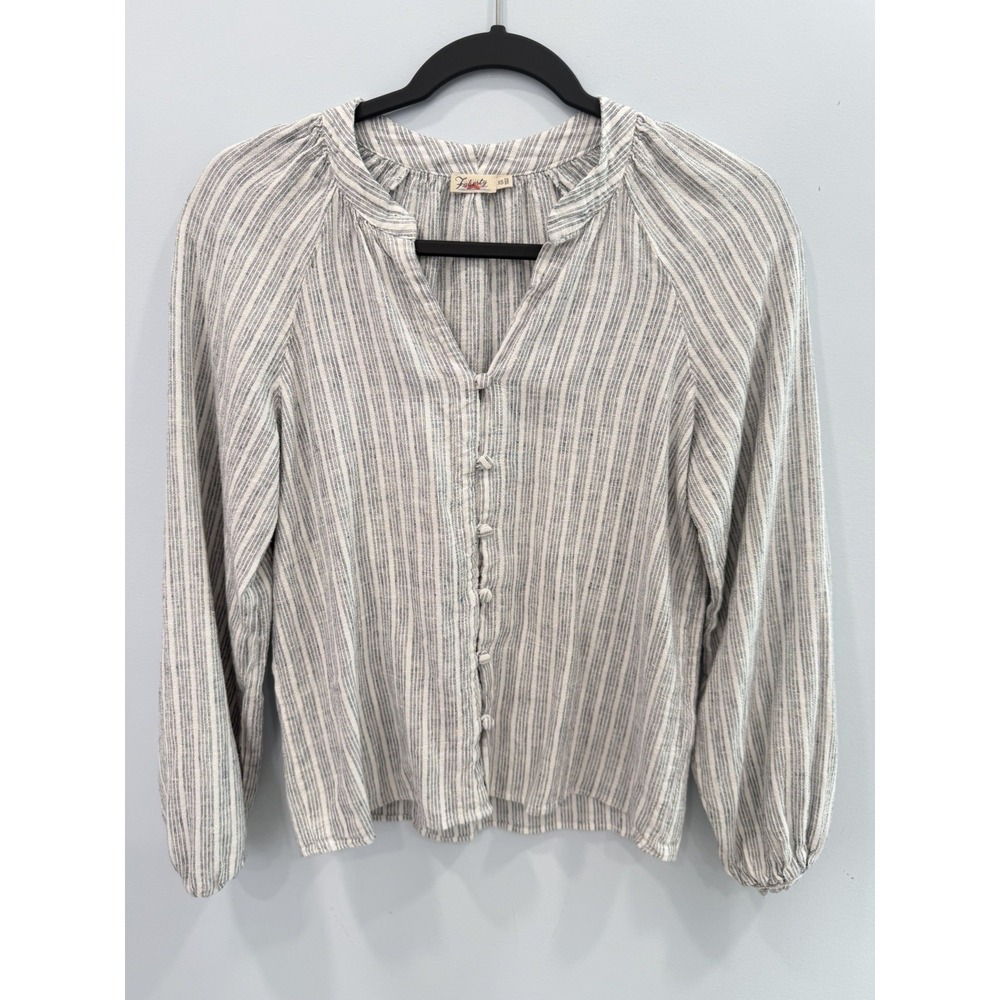 Faherty Naomi Linen Blend Striped Blouse Gray Long Sleeve Split Neck Size XS Top